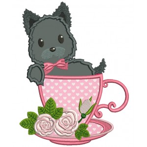 Cute Little Dog Sitting In a Beautiful Cup Applique Machine Embroidery Design Digitized Pattern